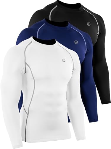 NELEUS Men's 3 Pack Compression Workout Long Sleeve Shirts, Black, Navy Blue, White, Pack of 3