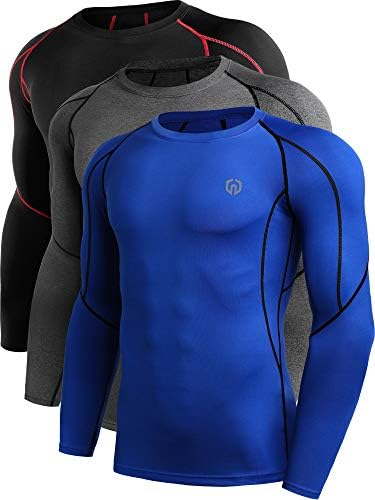 NELEUS Men's 3 Pack Compression Workout Long Sleeve Shirts, Black (Red Stripe), Grey, Blue