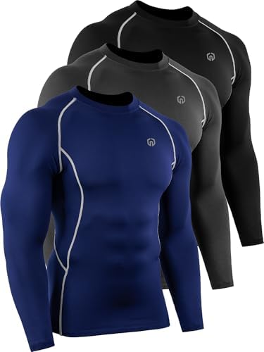 NELEUS Men's 3 Pack Compression Workout Long Sleeve Shirts, Black, Grey, Navy Blue, Pack of 3