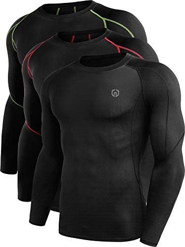 NELEUS Men's 3 Pack Compression Workout Long Sleeve Shirts, Black, Red Stripe, Green Stripe