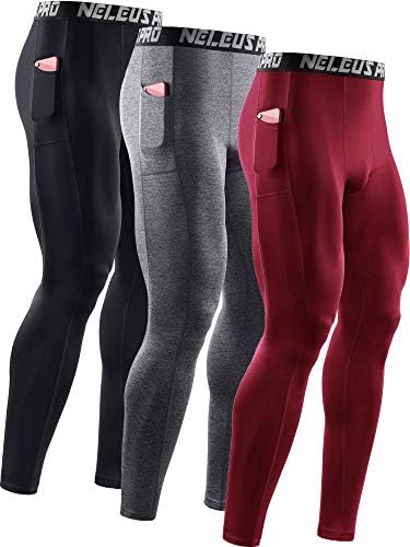 NELEUS Men's 3 Pack Dry Fit Compression Pants Running Tights with Pocket, Black/Grey/Red