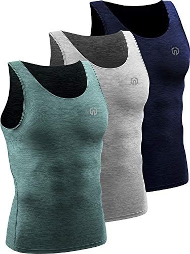 NELEUS Men's 3 Pack Dry Fit Compression Tank Top Tight Muscle Shirts, Light Grey/Navy/Light Green