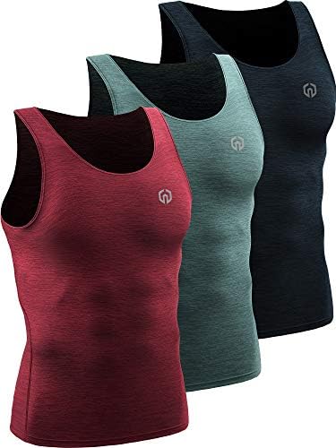 NELEUS Men's 3 Pack Dry Fit Compression Tank Top Tight Muscle Shirts, Light Green/Slate Gray/Red