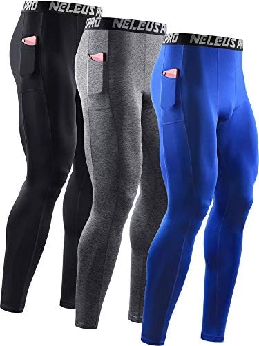 NELEUS Men's 3 Pack Dry Fit Compression Pants Running Tights with Pocket, Black/Grey/Blue