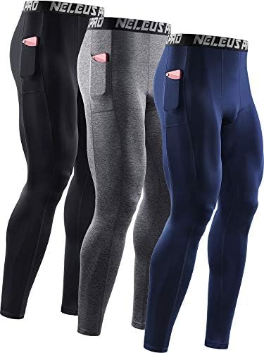 NELEUS Men's 3 Pack Dry Fit Compression Pants Running Tights with Pocket, Black/Grey/Navy