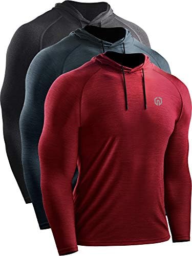NELEUS Men's 3 Pack Dry Fit Running Shirt Long Sleeve Workout Athletic Shirts with Hoods, 5071 Dark Grey, Slate Grey, Red