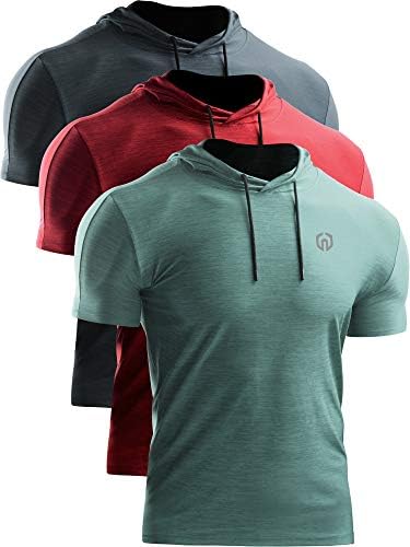NELEUS Men's 3 Pack Dry Fit Running Shirt Workout Athletic Shirt with Hoods, Slate Gray, Red, Light Green