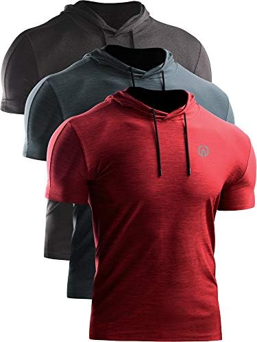 NELEUS Men's 3 Pack Dry Fit Running Shirt Workout Athletic Shirt with Hoods, Grey Black, Slate Gray, Red