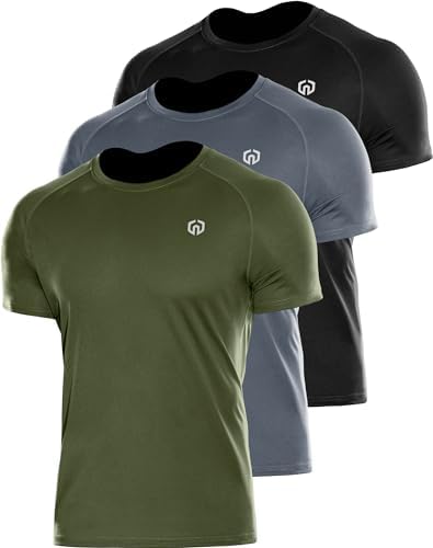 NELEUS Men's 3 Pack Dry Fit Running Shirts Workout Cycling Shirt Moisture Wicking, Black/Grey/Olive Green