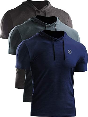NELEUS Men's 3 Pack Dry Fit Running Shirt Workout Athletic Shirt with Hoods, Grey Black, Slate Gray, Navy Blue