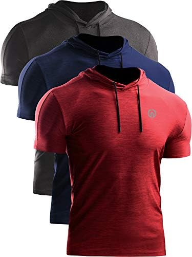 NELEUS Men's 3 Pack Dry Fit Running Shirt Workout Athletic Shirt with Hoods, Grey Black, Navy Blue, Red