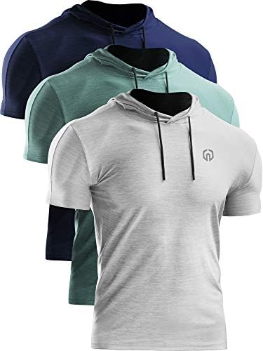 NELEUS Men's 3 Pack Dry Fit Running Shirt Workout Athletic Shirt with Hoods, Navy Blue, Light Green, Grey