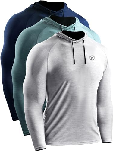 NELEUS Men's 3 Pack Dry Fit Running Shirt Long Sleeve Workout Athletic Shirts with Hoods, 5071 Navy, Light Grey, Light Green
