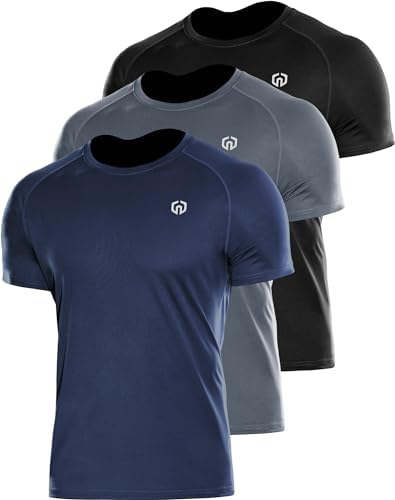 NELEUS Men's 3 Pack Dry Fit Running Shirts Workout Cycling Shirt Moisture Wicking, Black/Grey/Navy Blue