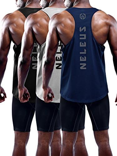 NELEUS Men's 3 Pack Dry Fit Y-Back Muscle Tank Workout Gym Shirt, Black, Navy, Grey