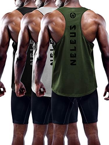 NELEUS Men's 3 Pack Dry Fit Y-Back Muscle Tank Workout Gym Shirt, Black, Grey, Olive Green