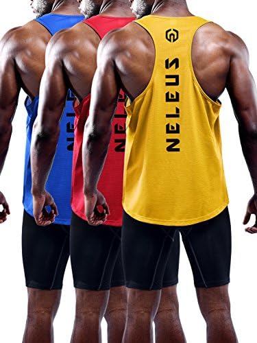 NELEUS Men's 3 Pack Dry Fit Y-Back Muscle Tank Workout Gym Shirt, Blue, Red, Yellow