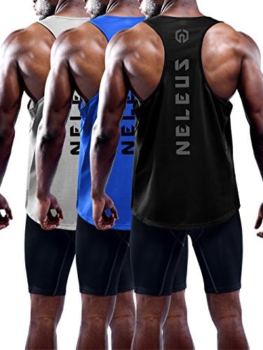 NELEUS Men's 3 Pack Dry Fit Y-Back Muscle Tank Workout Gym Shirt, Black, Grey, Blue