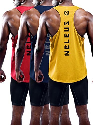 NELEUS Men's 3 Pack Dry Fit Y-Back Muscle Tank Workout Gym Shirt, Red, Yellow, Navy