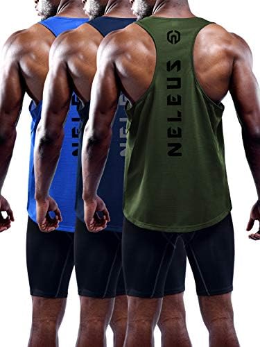 NELEUS Men's 3 Pack Dry Fit Y-Back Muscle Tank Workout Gym Shirt, Olive Green, Blue, Navy Blue