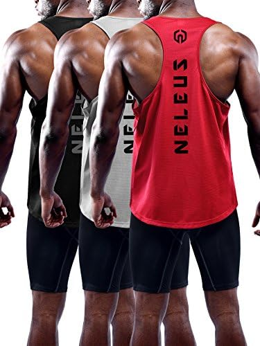 NELEUS Men's 3 Pack Dry Fit Y-Back Muscle Tank Workout Gym Shirt, Black, Grey, Red