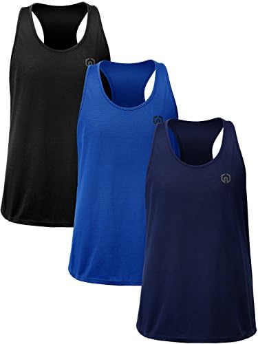 NELEUS Men's 3 Pack Dry Fit Y-Back Muscle Tank Workout Gym Shirt, Blue, Black, Navy