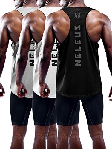 NELEUS Men's 3 Pack Dry Fit Y-Back Muscle Tank Workout Gym Shirt, Black, Grey, White