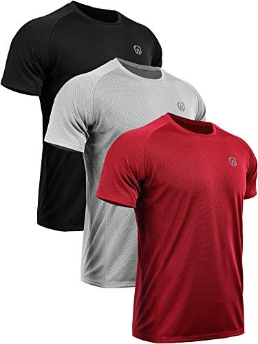 NELEUS Men's 3 Pack Mesh Athletic Running Workout Shirts, Black, Grey, Red