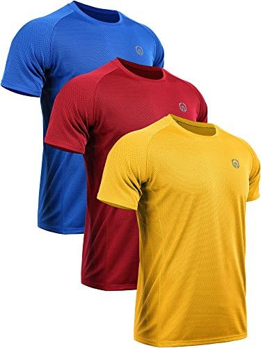 NELEUS Men's 3 Pack Mesh Quick Dry Athletic Running Workout Shirt, Blue, Red, Yellow