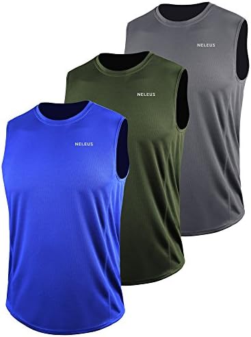 NELEUS Men's 3 Pack Muscle Workout Tank Top for Gym Running, Grey, Olive Green, Blue