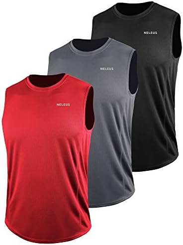 NELEUS Men's 3 Pack Muscle Workout Tank Top for Gym Running, Black, Grey, red