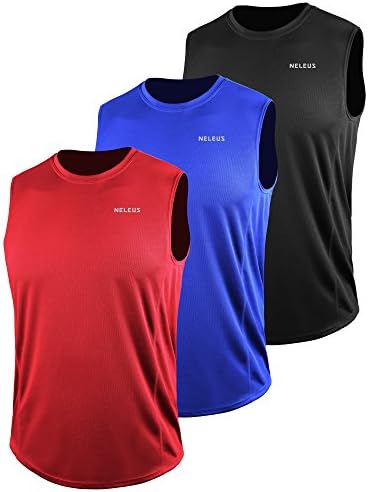 NELEUS Men's 3 Pack Muscle Workout Tank Top for Gym Running, Black, Blue, red