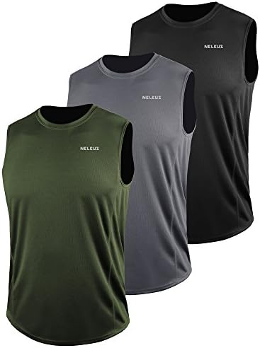 NELEUS Men's 3 Pack Muscle Workout Tank Top for Gym Running, Black, Grey, Olive Green