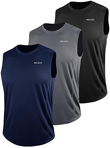 NELEUS Men's 3 Pack Muscle Workout Tank Top for Gym Running, Black, Grey, Navy Blue