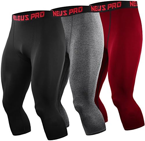 NELEUS Men's 3 Pack Running Capri Leggings Athletic Compression Short, Black, Grey, red