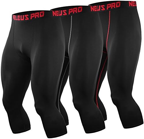 NELEUS Men's 3 Pack Running Capri Leggings Athletic Compression Short, Black, red and Grey Stripe