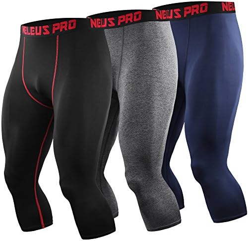 NELEUS Men's 3 Pack Running Capri Leggings Athletic Compression Short, Black (red Stripe), Grey, Navy Blue