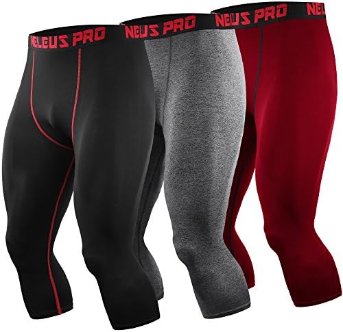 NELEUS Men's 3 Pack Running Capri Leggings Athletic Compression Short, Black (red Stripe), Grey, red