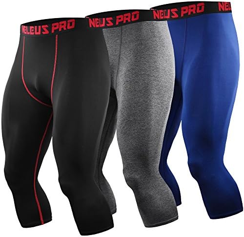 NELEUS Men's 3 Pack Running Capri Leggings Athletic Compression Short, Black (red Stripe), Grey, Blue