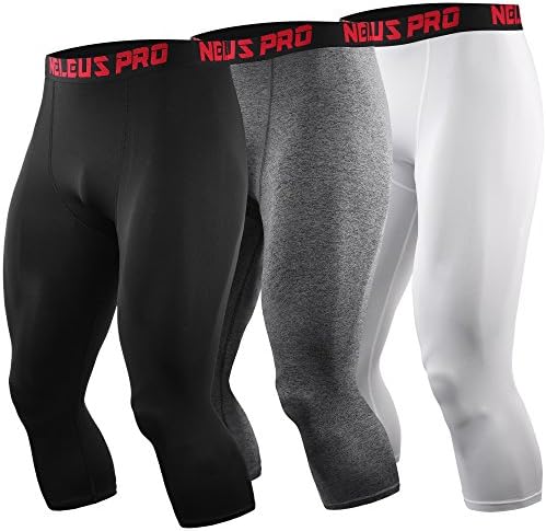 NELEUS Men's 3 Pack Running Capri Leggings Athletic Compression Short, Black, Grey, White