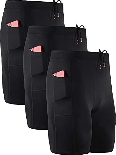 NELEUS Men's 3 Pack Running Compression Shorts with Pockets Dry Fit Professional Athletic Shorts, Black, Black, Black