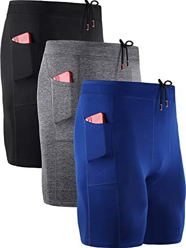 NELEUS Men's 3 Pack Running Compression Shorts with Pockets Dry Fit Professional Athletic Shorts, Black, Grey, Blue