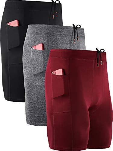 NELEUS Men's 3 Pack Running Compression Shorts with Pockets Dry Fit Professional Athletic Shorts, Black, Grey, Red