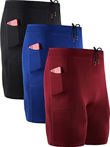 NELEUS Men's 3 Pack Running Compression Shorts with Pockets Dry Fit Professional Athletic Shorts, Black, Blue, Red
