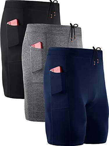 NELEUS Men's 3 Pack Running Compression Shorts with Pockets Dry Fit Professional Athletic Shorts, Black, Grey, Navy Blue