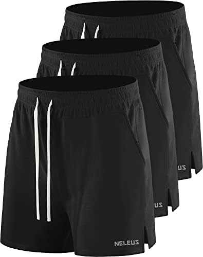 NELEUS Men's 3 Pack Running Shorts with Pockets, Black/Black