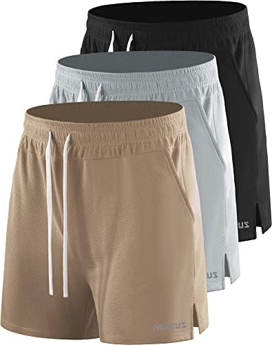 NELEUS Men's 3 Pack Running Shorts with Pockets, 3D Honeycomb Thick Fabric, Black/Brown/Light Grey