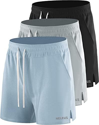 NELEUS Men's 3 Pack Running Shorts with Pockets, 3D Honeycomb Thick Fabric, Black/Light Grey/Light Blue