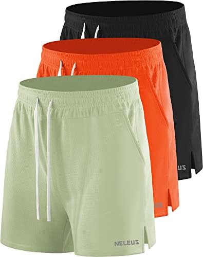 NELEUS Men's 3 Pack Running Shorts with Pockets, 3D Honeycomb Thick Fabric, Black/Orange/Light Green