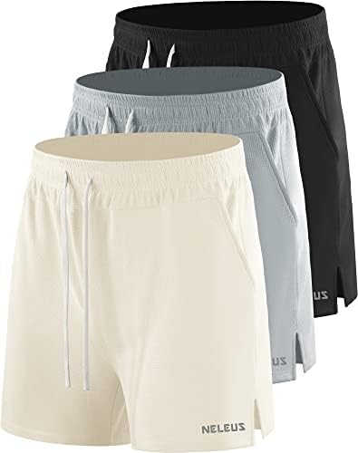 NELEUS Men's 3 Pack Running Shorts with Pockets, 3D Honeycomb Thick Fabric, Black/Light Grey/White